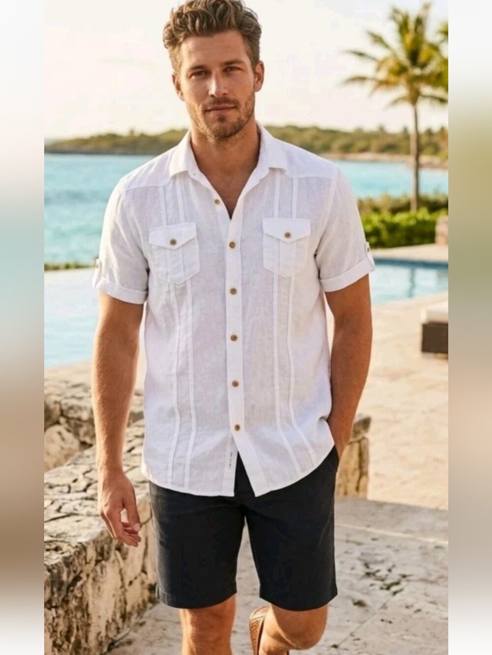 MURANO BAIRD MCNUTT Button Down Shirt 100% Linen White Beach Short Sleeve XL